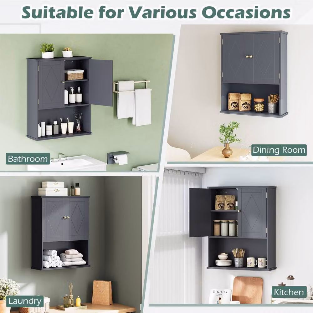 Costway Grey Wall Mounted 2-Door Bathroom Cabinet with Internal Shelves – 8