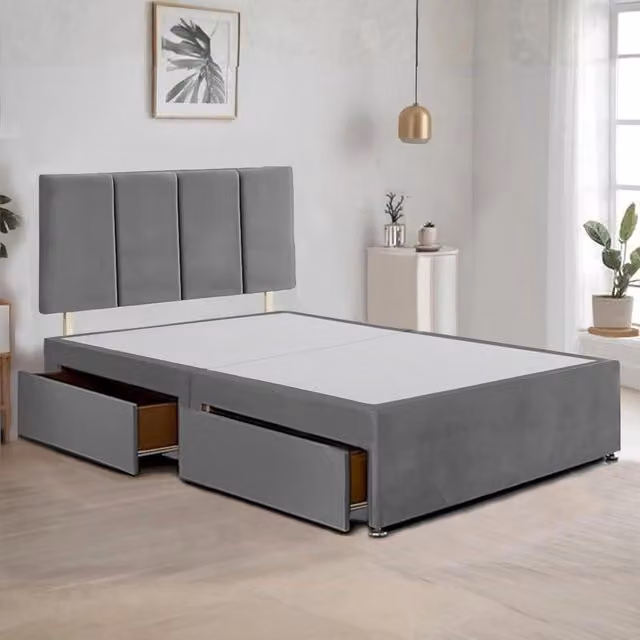 Bed Time UK Plush Velvet Divan Bed Frame with 2 Drawers and Vertical Line Headboard in Grey, W/D/H: 180 x 200 cm