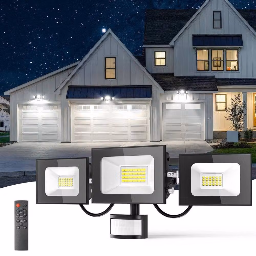 Kelvenix 100W 3 Head LED Security Floodlight with PIR Motion Sensor and Timer in Black – 3
