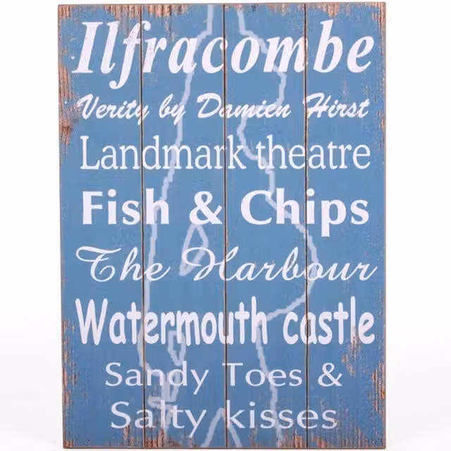 KDMK Ilfracombe Seaside Welcome Maritime Wall Sign, Blue Wood, W: 114.3 cm, H: 83.82 cm