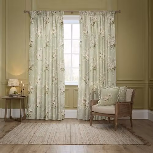 Sanderson Adele Room Darkening Pencil Pleat Curtain Pair in Green Botanical Floral Peony Chenille, W/H: 117 x 183 cm