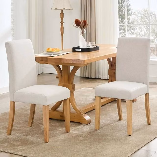 VOGREX Set of 2 Modern Beige Fabric Upholstered Curved Dining Chairs with Wood Frame