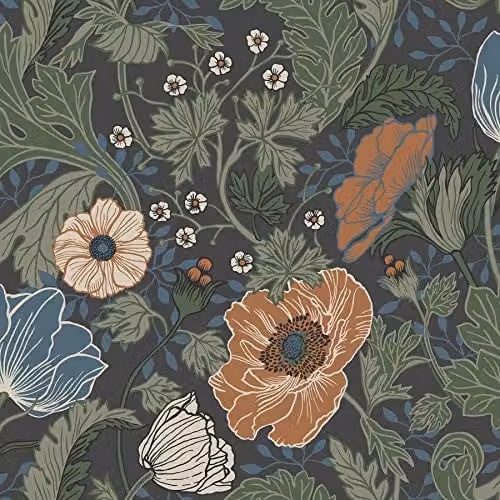 A-Street Prints Apelviken Anemone Floral Vines Art Nouveau Wallpaper in Black and Orange – 1