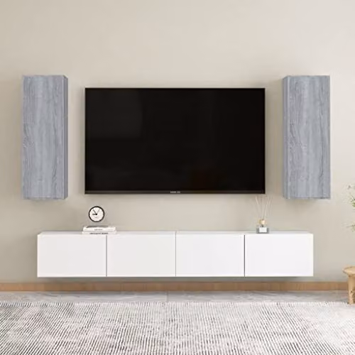 vidaXL Set of 2 Modern Wall-Mounted Grey TV Cabinets with Hinged Doors and Internal Shelves, W/D/H: 30.5 x 30.0 x 90.0 cm – 2