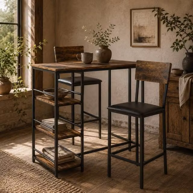 Wyld Haus Vita 3 Piece Compact Bar Table and Chairs Set in Rustic Brown and Black