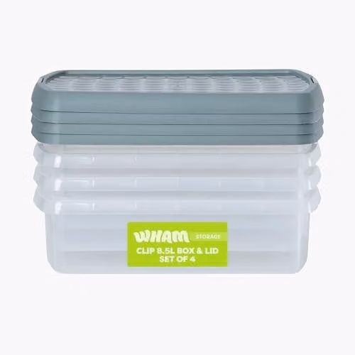 Wham 4 Pack Rectangular Stackable Plastic Storage Boxes with Lids, 8.5L Each, Clear and Green