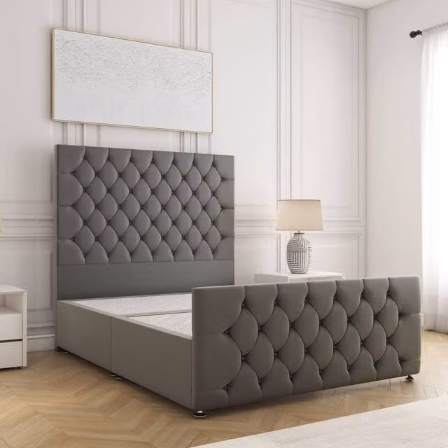 BSSPOKE Maya Divan Bed Set with 54 inch Headboard in Grey Plush Velvet, Single Size, W/D/H: 90 x 190 cm