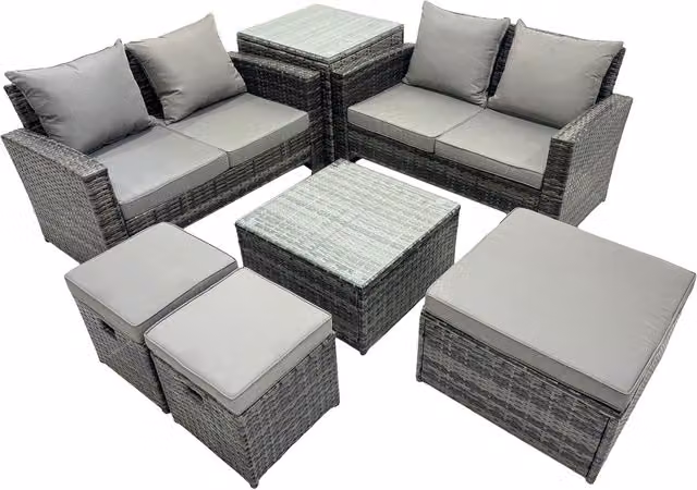 Fimous 7-Seater PE Rattan L-Shape Garden Lounge Set with Tempered Glass Coffee Table and Ottoman in Dark Grey Mixed