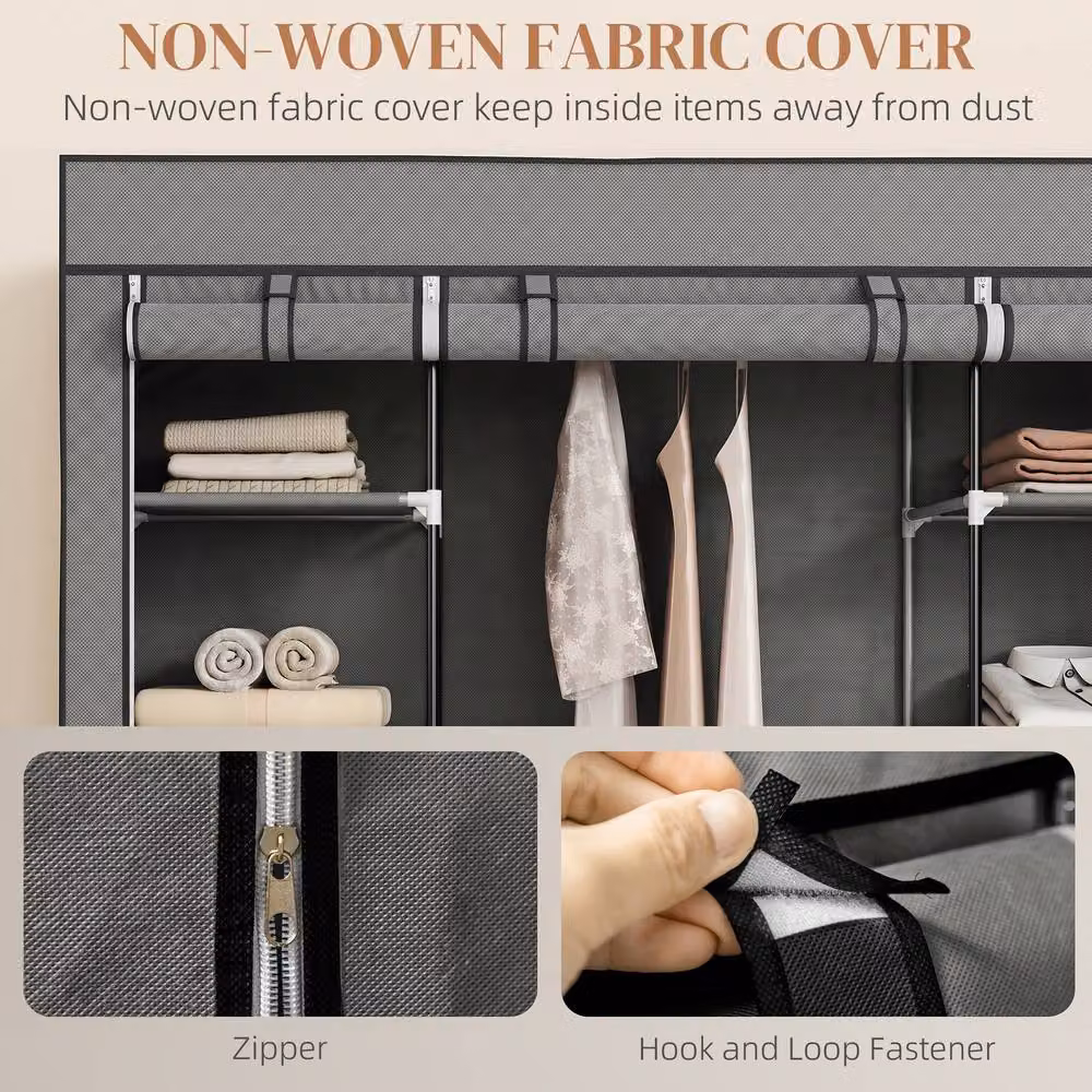 HOMCOM Portable Foldable Wardrobe with Hanging Rod and Internal Shelves, Grey, W/D/H: 150 x 43 x 162.5 cm – 5