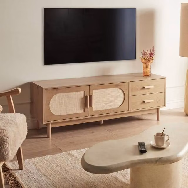 Wyld and Coco Boho Rattan TV Stand in Light Brown, W/D/H: 150 x 40 x 50 cm