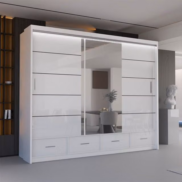 Sliding Wardrobes 4U Luxury High Gloss White Sliding Wardrobe with Integrated LED Lighting W: 255 cm, H: 220 cm