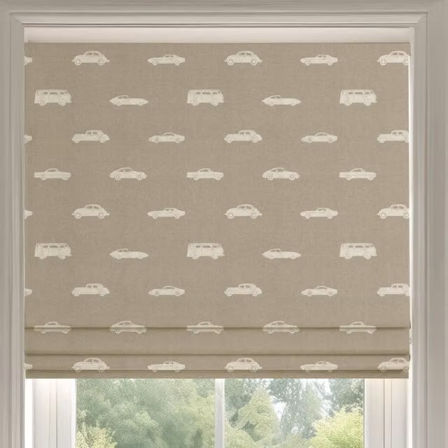 ANTE DECOR Made To Measure Vintage Cars Printed Cotton Roman Blind in Beige
