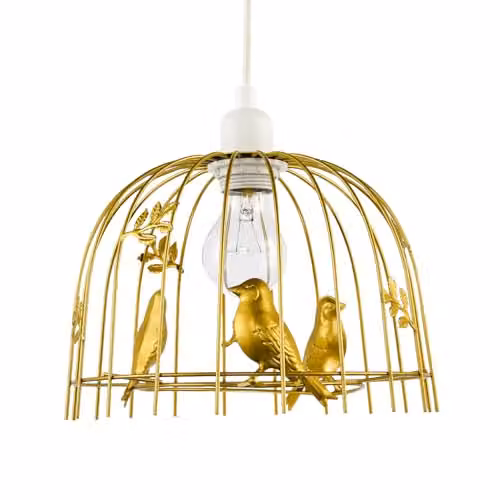 Happy Homewares Birdcage Pendant Lamp Shade in Gold Metal with 3D Birds and Leaves, Shabby Chic Style, W: 25 cm, H: 16 cm