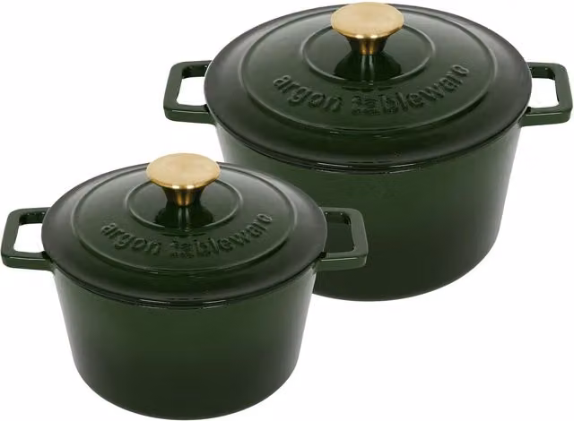 Argon Tableware 2pc Round Enamelled Cast Iron Casserole Dish Set with Lids, Green, 2.8 l and 4.5 l