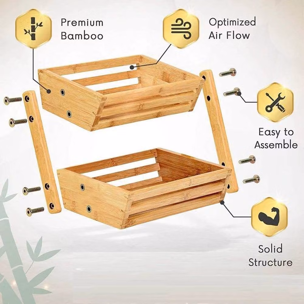 PAWNORA 2 Tier Bamboo Fruit Basket and Bread Storage Stand in Brown, W: 100 cm, D: 15 cm – 4