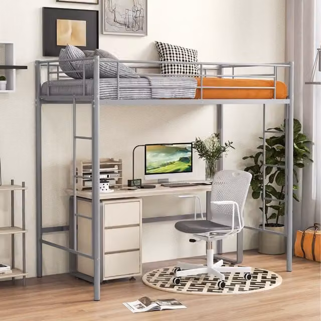 COSTWAY Modern Metal Single Loft Bed Frame in Silver, 90 x 190 cm