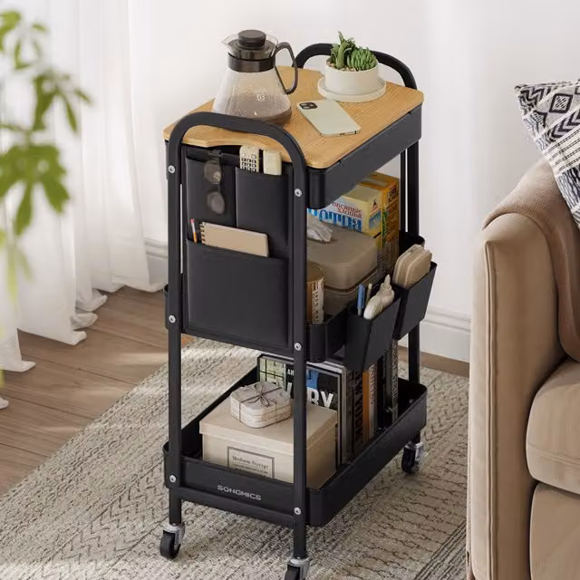 SONGMICS 3-Tier Rolling Utility Storage Trolley with Table Top, Black