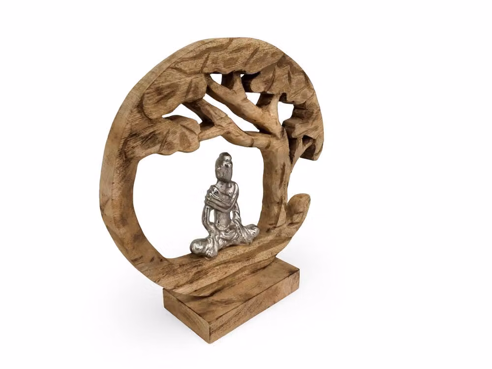 Elm Home And Garden Meditating Buddha Tree Sculpture in Silver and Brown Mango Wood and Aluminium – 2