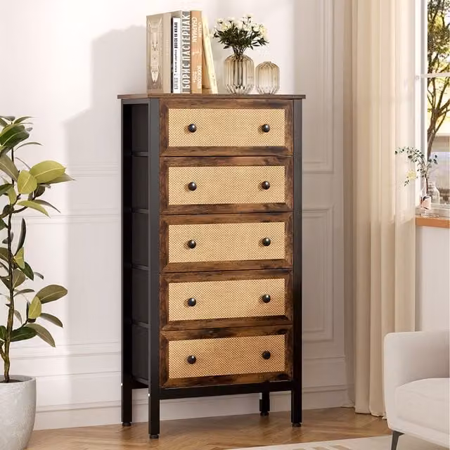 Komore Rustic Rattan and Wood Storage Cabinet in Brown and Black, Height: 126.2 cm
