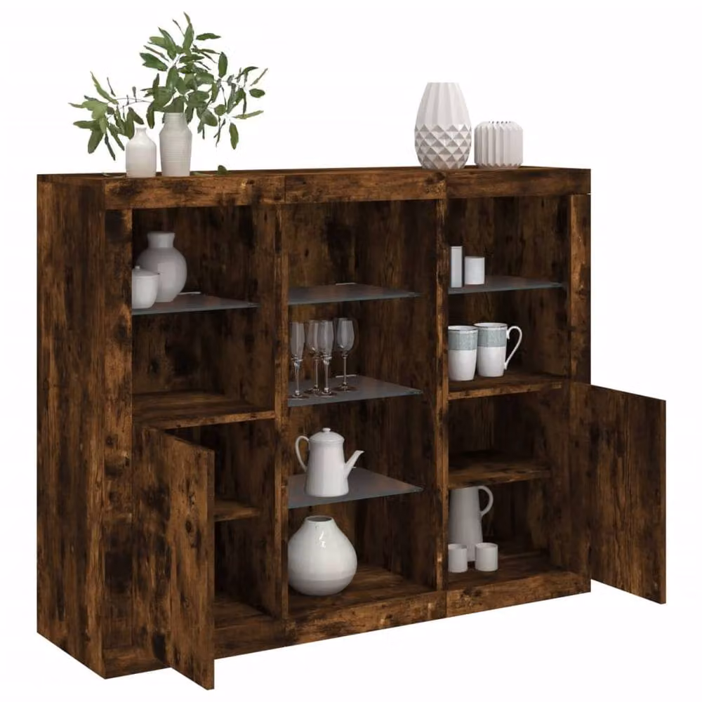 Berkfield Home 3-Piece Smoked Oak Sideboard Set with Integrated LED Lighting in Brown – 2