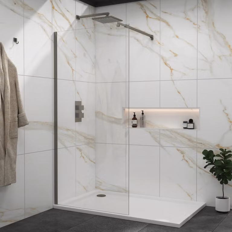 Royal Bathrooms Marbella Walk In Wet Room Shower Screen, Gun Metal Grey, W: 60 cm, H: 185 cm, 8mm Easy Clean Glass with Support Bar