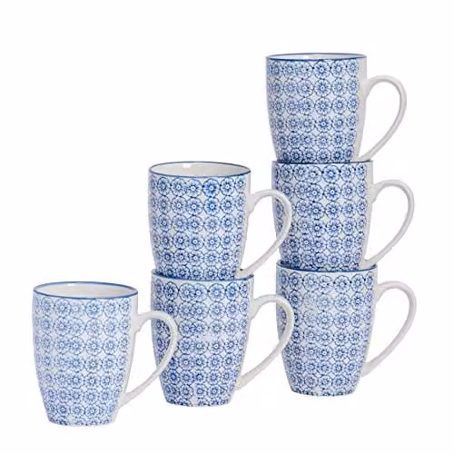 Nicola Spring Hand-Printed Floral Porcelain Mugs, 330ml, Blue, Pack of 6 – 1