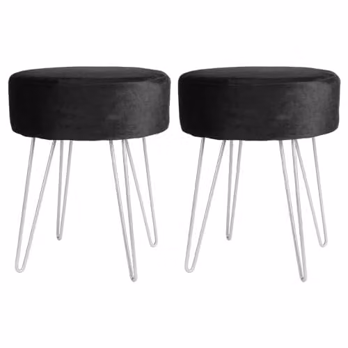 Harbour Housewares Velvet Round Footstools, Pack of 2, Black with Silver Legs, H41 x D35 cm