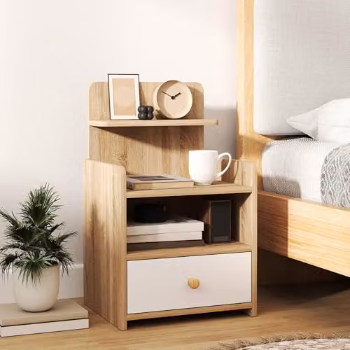 HOMCOM Bedside Table with Drawer in White Natural Wood Effect, W/D/H: 40 x 35 x 60 cm – 2