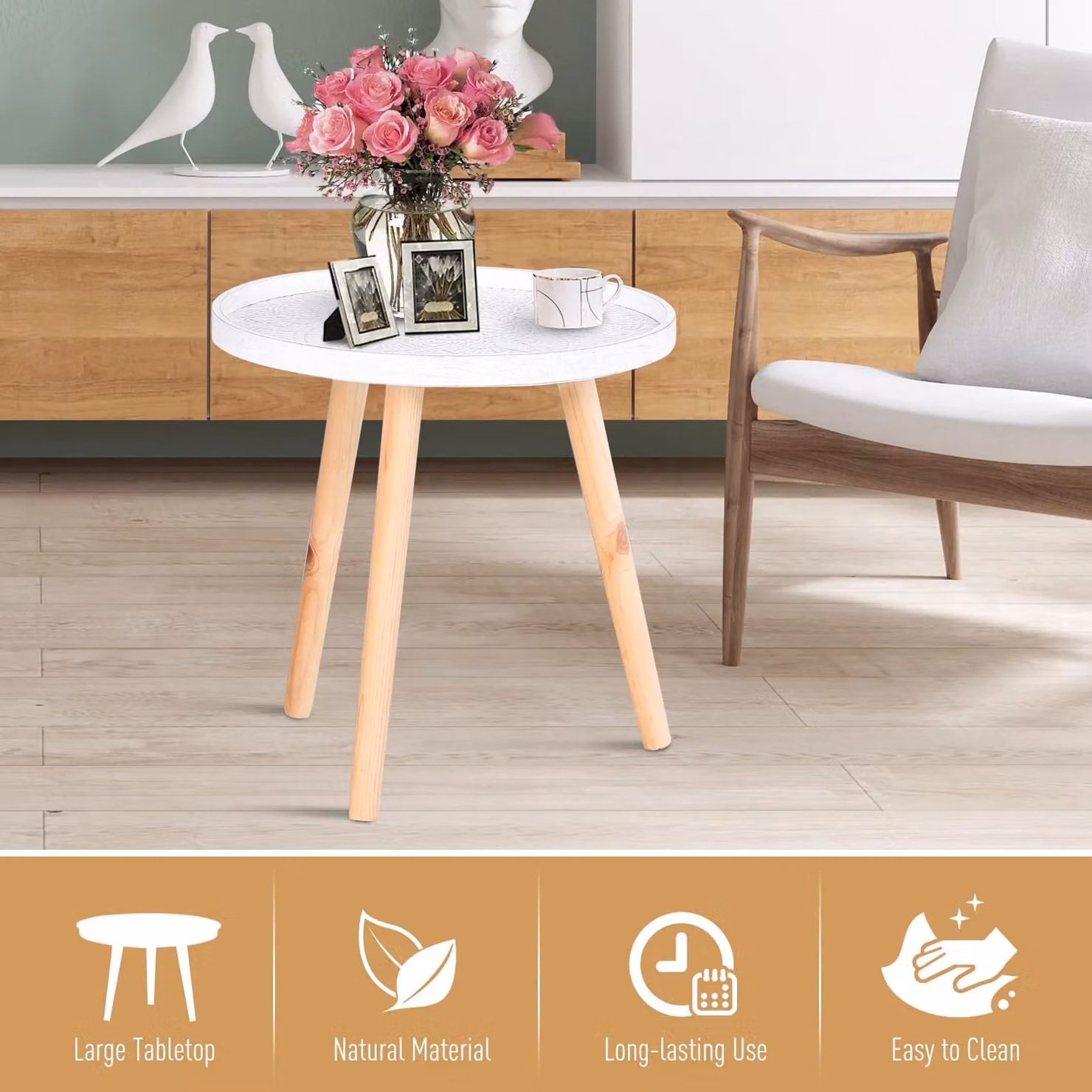 HOMCOM Floral Etched Round Side Table in White and Gold – 2