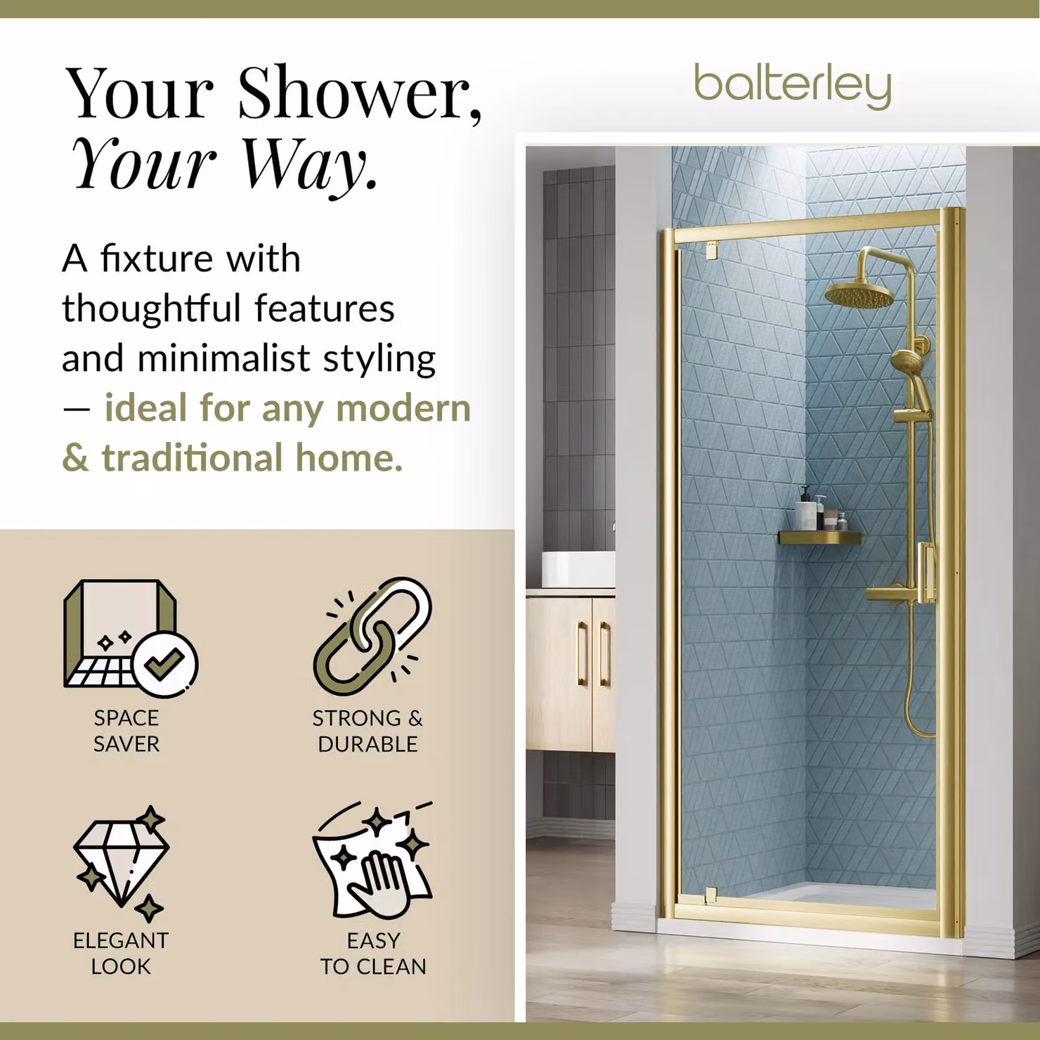 Balterley 6mm Glass Reversible Pivot Shower Door, Brushed Brass, W: 900 mm, H: 1900 mm – 2