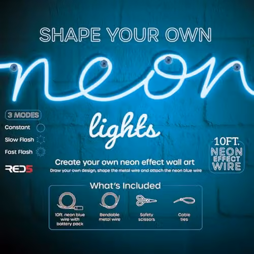 Menkind RED5 Creative Glow Wire Neon Light Kit in Blue and Multicolour with 3 Modes – 3