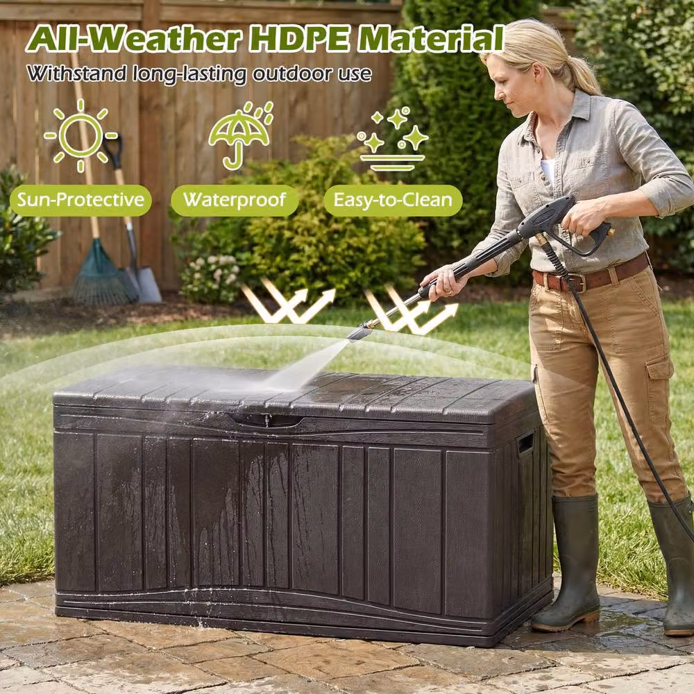 Costway 300 L Outdoor HDPE Patio Deck Storage Box with Lockable Lid in Brown – 4