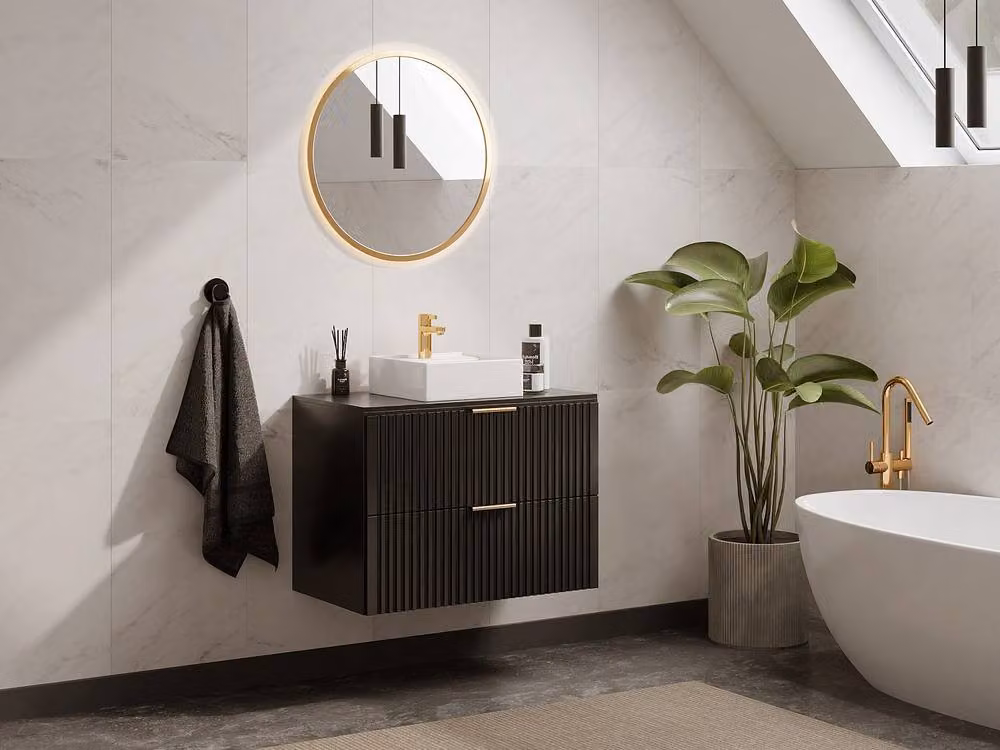 Vente-unique ZEVARA Wall-Mounted Ribbed Vanity Unit with Top, Black, W: 80 cm, H: 46 cm, D: 57 cm – 2