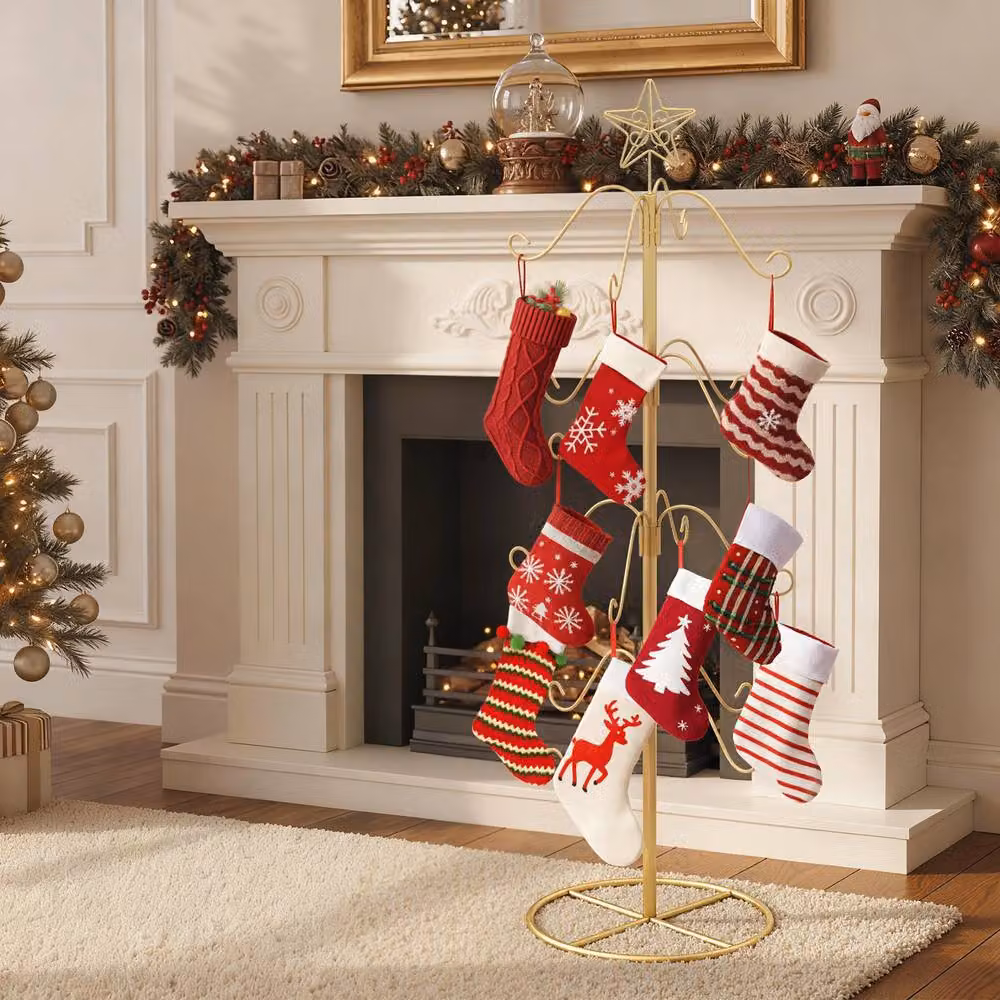 Gymax Gold Metal Christmas Stocking Holder Stand with 16 Hanging Hooks, Height: 121 cm – 3