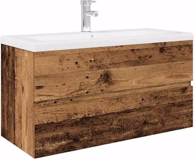Berkfield Home Wall Mounted Rustic Sink Cabinet with Built-in Basin and Faucet in Brown Old Wood – 1