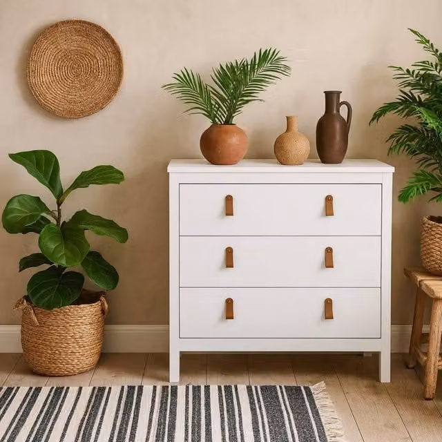 Wyld Haus Wildberry 3 Drawer Chest in Matt White and Brown with Leather Tab Handles