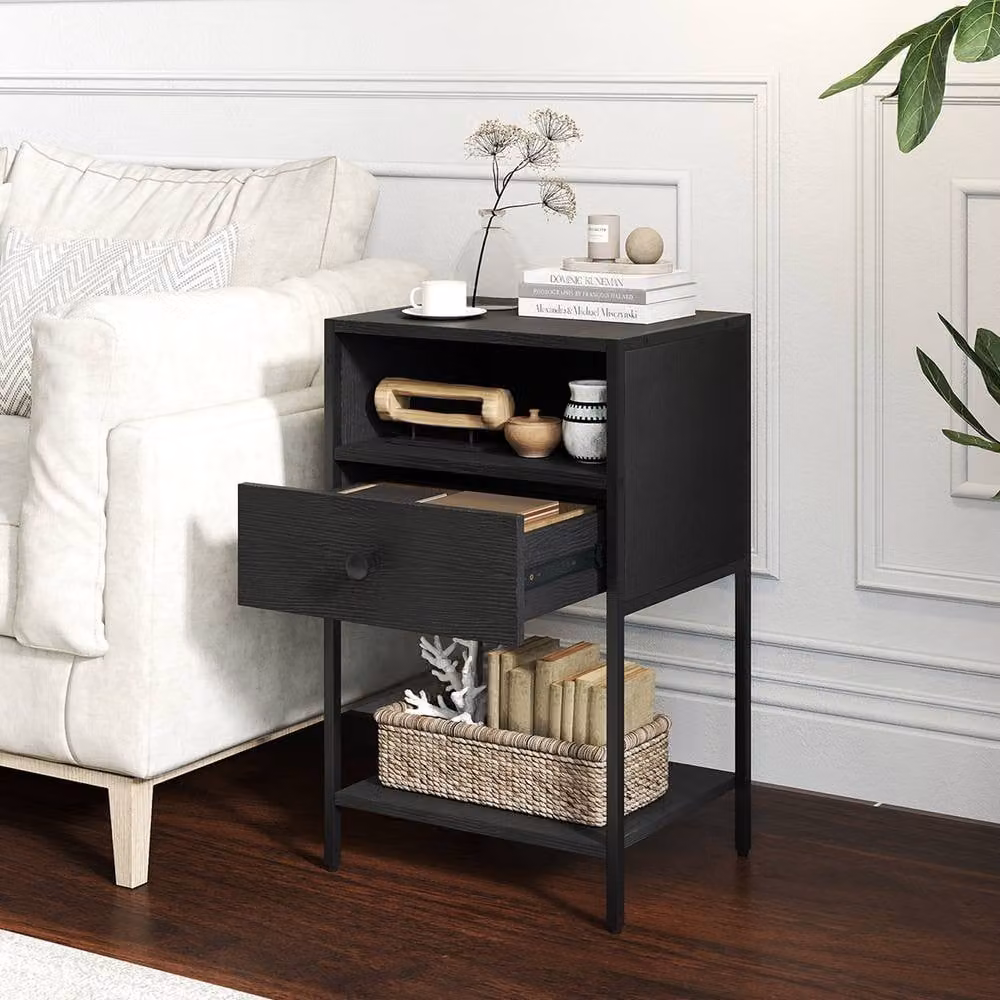 Gymax Industrial Nightstand with Drawer and Open Shelf, Black Farmhouse Bedside Table – 7