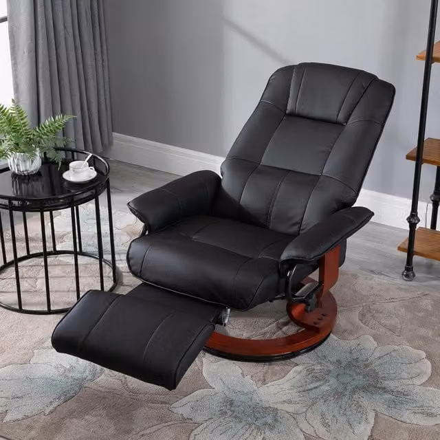 HOMCOM Ergonomic PU Leather Recliner Office Chair in Black with Solid Wood Frame – 1