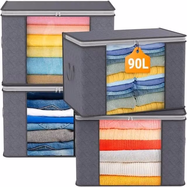 VOGREX Set of 4 Grey Fabric Clothes and Bedding Storage Bags with Zips and Handles – 1