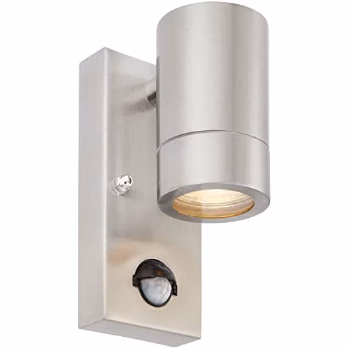 Loops Outdoor IP44 Wall Downlight with PIR Motion Sensor, 7W GU10 LED, Brushed Stainless Steel and Transparent Glass