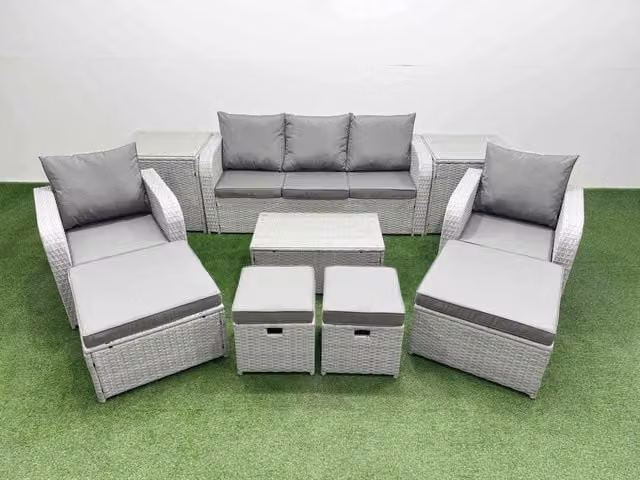 Fimous 10 Piece Garden Furniture Set with Rectangular Coffee Table, Reclining Chairs and Inclining Sofa in Light Grey