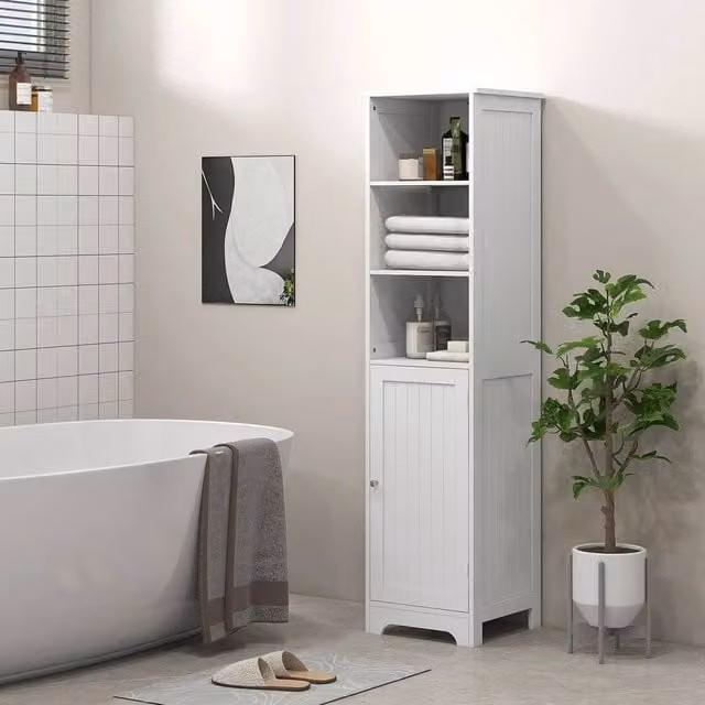 EONLION Modern Tall White Matt Bathroom Cabinet with Open Shelves
