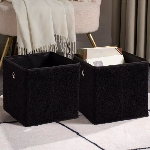OHS Pack of 2 Foldable Boucle Cube Storage Boxes, Black and Silver, 8l