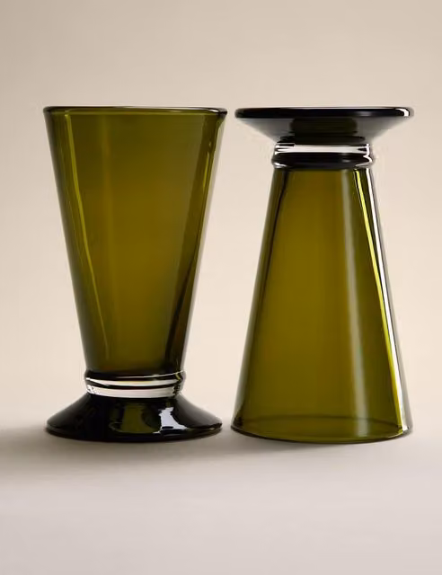 M&S Set of 2 Green Solid Glass Footed Hi Ball Tumbler Glasses