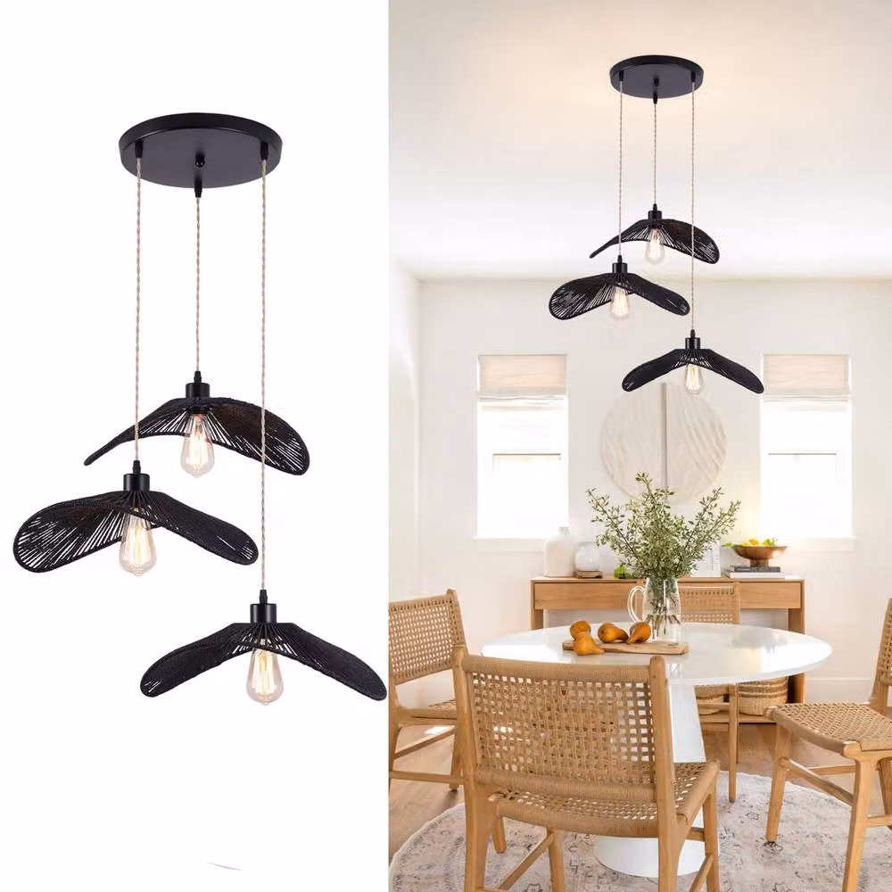 Garwarm Industrial 3-Light Rattan Farmhouse Cluster Pendant Light in Black – 6