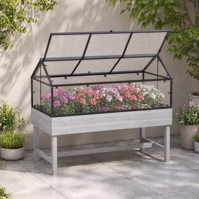 STILVORA Grey Raised Garden Bed with Polycarbonate Cover, W/D/H: 120 x 103 x 60 cm