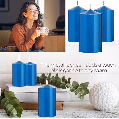 Deco Express Unscented Pillar Candle Set, Pack of 3, Metallic Blue – 4