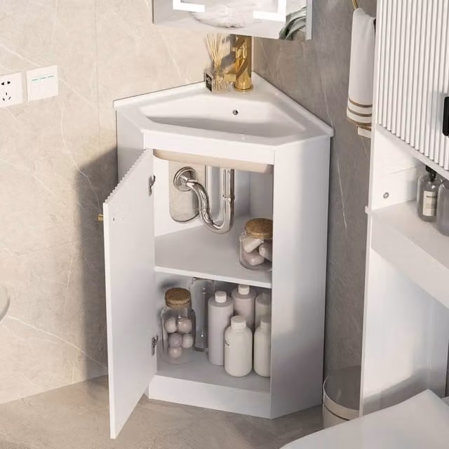 KEEPREAPER Modern White Corner Vanity Unit with Ceramic Wash Basin and Soft-Close Doors, Width: 60 cm