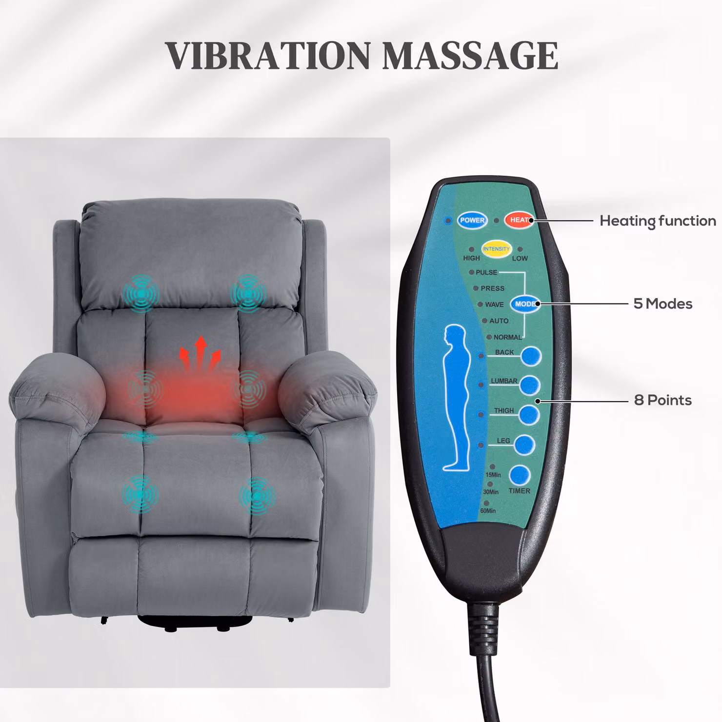 HOMCOM Grey Power Lift Riser and Recliner Chair with Vibration Massage, Heat and Side Pocket – 5