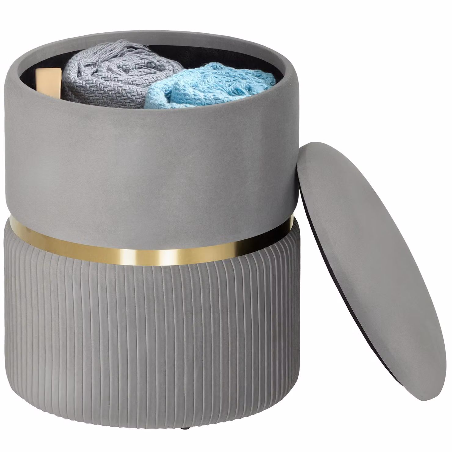 HOMCOM Round Velvet Storage Pouffe Footstool in Light Grey – 2